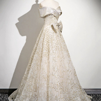 Champagne Tulle Sequins Long Prom Dress, Off the Shoulder Evening Party Dress - Thumbnail 2