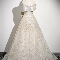 Champagne Tulle Sequins Long Prom Dress, Off the Shoulder Evening Party Dress - Thumbnail 3