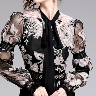 Stunning goth french floral embroidery lantern sleeves chiffon mesh layered ruffle dress evening party event special occasion amazing