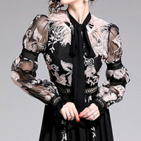 Stunning Goth French Floral Embroidery Lantern Sleeves Chiffon Mesh Layered Ruffle Dress Evening Party Event Special Occasion Amazing - Thumbnail 3