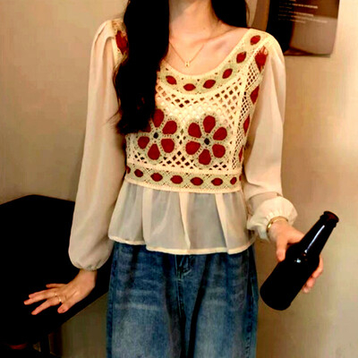 Vintage punk chiffon patchwork floral crochet knit embroidery ruffle lantern sleeves blouse tops streetwear rave