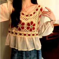 Vintage Punk Chiffon Patchwork Floral Crochet Knit Embroidery Ruffle Lantern Sleeves Blouse Tops Streetwear Rave - Thumbnail 4