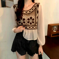 Vintage Punk Chiffon Patchwork Floral Crochet Knit Embroidery Ruffle Lantern Sleeves Blouse Tops Streetwear Rave - Thumbnail 5