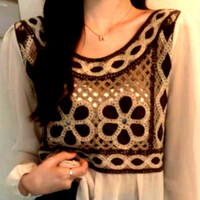 Vintage Punk Chiffon Patchwork Floral Crochet Knit Embroidery Ruffle Lantern Sleeves Blouse Tops Streetwear Rave - Thumbnail 6