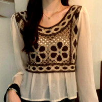 Vintage Punk Chiffon Patchwork Floral Crochet Knit Embroidery Ruffle Lantern Sleeves Blouse Tops Streetwear Rave - Thumbnail 7