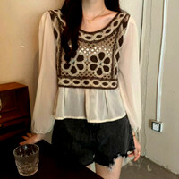 Vintage Punk Chiffon Patchwork Floral Crochet Knit Embroidery Ruffle Lantern Sleeves Blouse Tops Streetwear Rave - Thumbnail 8