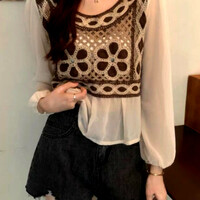 Vintage Punk Chiffon Patchwork Floral Crochet Knit Embroidery Ruffle Lantern Sleeves Blouse Tops Streetwear Rave - Thumbnail 9