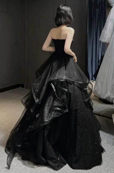 Vintage A line Strapless Sleeveless Black Prom Dress