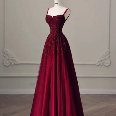 A line burgundy straps tulle evening dresses with beading - Thumbnail 3