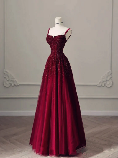A Line Burgundy Straps Tulle Evening Dresses With Beading