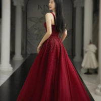 A Line Burgundy Straps Tulle Evening Dresses With Beading - Thumbnail 1