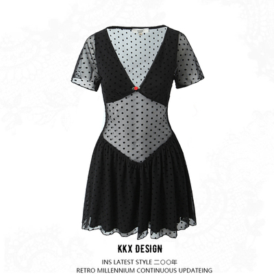 Sexy deep v neck short sleeve see-through mesh dress