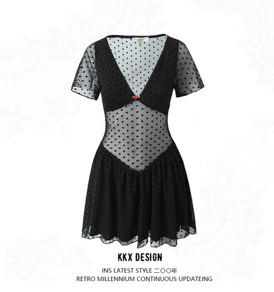 Sexy Deep V Neck Short Sleeve See-Through Mesh Dress