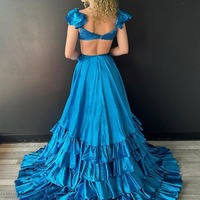 V Neck A-Line Blue Satin Ruffle Long Prom Dress,PD230807 - Thumbnail 1