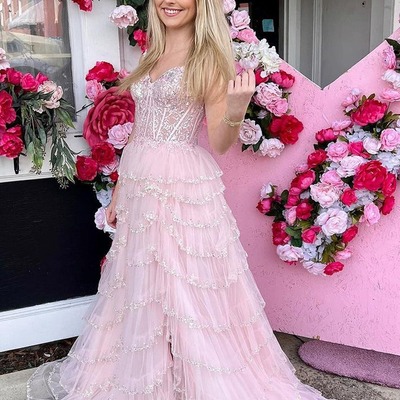 Cute sweetheart light pink tulle a line long prom dress with slit ,pd230808 - Thumbnail 4