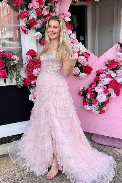 Cute Sweetheart Light Pink Tulle A Line Long Prom Dress with Slit ,PD230808