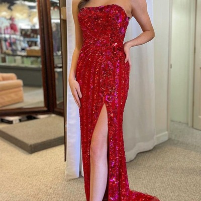 Red mermaid strapless sequins long prom dress with slit ,pd230809