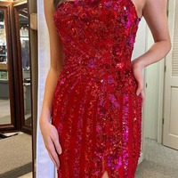 Red Mermaid Strapless Sequins Long Prom Dress with Slit ,PD230809 - Thumbnail 2
