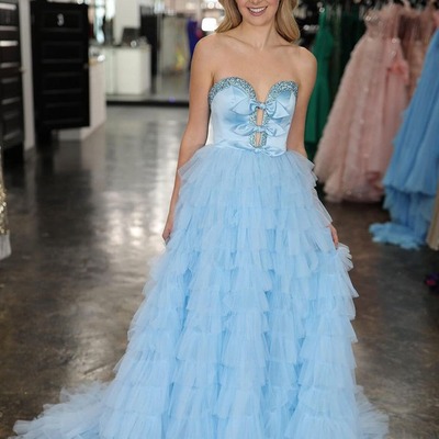 Sweetheart light blue ruffle tiered a-line long prom dress with beading ,pd230811