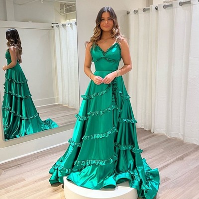 V neck a-line green satin ruffle long prom dress ,pd230812 - Thumbnail 2