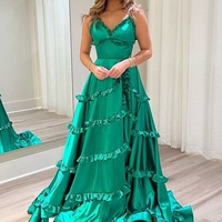 V Neck A-Line Green Satin Ruffle Long Prom Dress ,PD230812 - Thumbnail 1