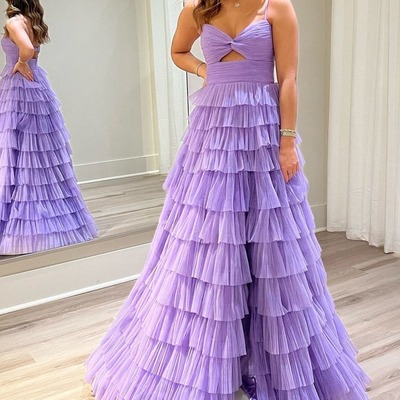 Keyhole ruffle tiered tulle a-line long prom dresses ,pd230814 - Thumbnail 1