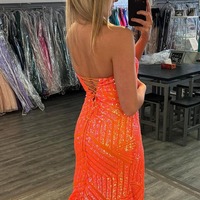Mermaid Orange Strapless Sequins Long Prom Dress with Slit,PD230820 - Thumbnail 1