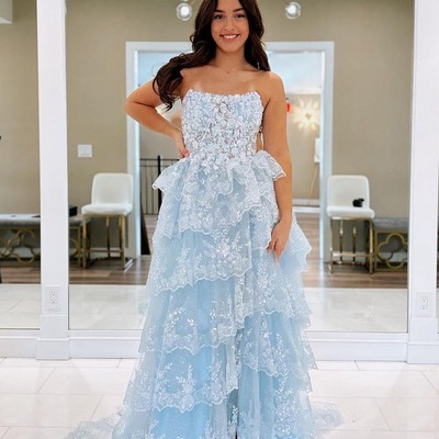  strapless light blue sequins tulle a-line long prom dresses ,pd230823 - Thumbnail 3