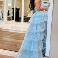  Strapless Light Blue Sequins Tulle A-Line Long Prom Dresses ,PD230823 - Thumbnail 1