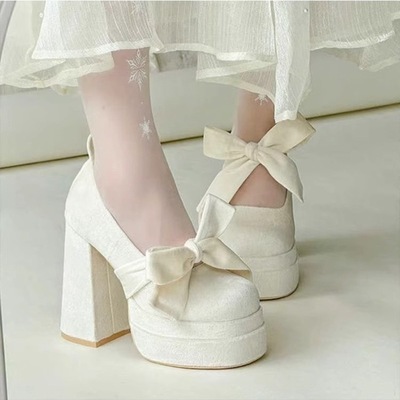 White high heels fashion pumps shoes with bow - Thumbnail 4
