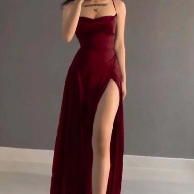 Spaghetti strap wine red prom dress with split