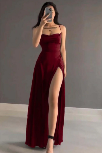 Spaghetti Strap Wine Red Prom Dress with Split