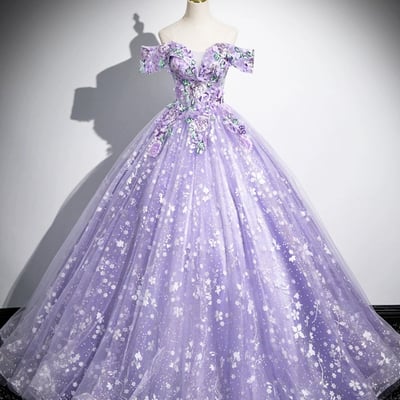 Purple tulle sequins long prom dress, off the shoulder party dress - Thumbnail 2
