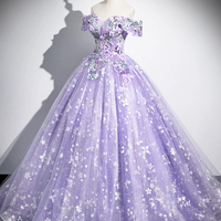 Purple Tulle Sequins Long Prom Dress, Off the Shoulder Party Dress - Thumbnail 1