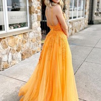 Gorgeous Orange A Line V Neck Tulle Prom Dress with Appliques,PD230825 - Thumbnail 1