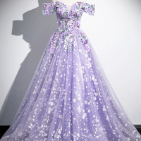 Purple Tulle Sequins Long Prom Dress, Off the Shoulder Party Dress - Thumbnail 5