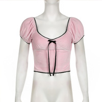 Sexy V-neck contrasting bow tie lace T-shirt - Thumbnail 3