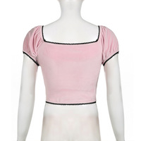 Sexy V-neck contrasting bow tie lace T-shirt - Thumbnail 4