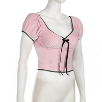 Sexy V-neck contrasting bow tie lace T-shirt - Thumbnail 5