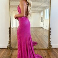Sparkly V Neck Sequins Long Mermaid Prom Dress with Slit,PD230827 - Thumbnail 2