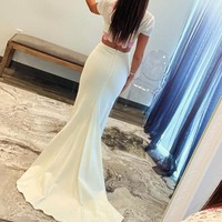 Unique  Short Sleeve White Satin Long Two Piece Prom Dress ,PD230829 - Thumbnail 1