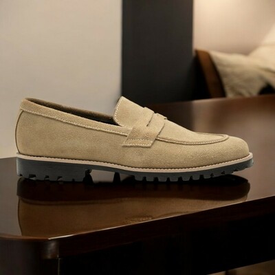 Men's handmade beige suede penny loafer shoes, moccasin shoes