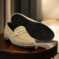 Men's Handmade Beige Suede Penny Loafer Shoes, Moccasin Shoes - Thumbnail 2