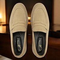 Men's Handmade Beige Suede Penny Loafer Shoes, Moccasin Shoes - Thumbnail 3