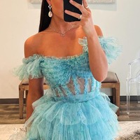 Gorgeous Off the Shoulder Ruffle Tiered Tulle A Line Prom Dress with Slit ,PD230831 - Thumbnail 1