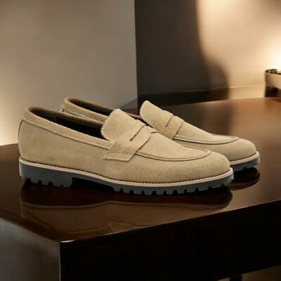 Handmade beige suede shoes, men's casual penny loafer shoes - Thumbnail 1