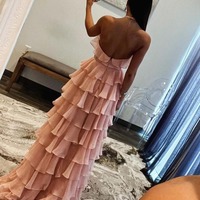Halter Pink Ruffle Tiered Chiffon A-Line Long Prom Dress ,PD230832 - Thumbnail 1