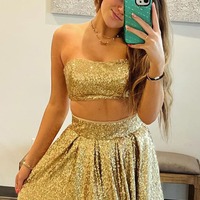 Strapless Gold Sequins Long Two Piece Prom Dress ,PD230833 - Thumbnail 1