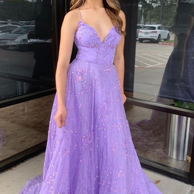 V neck lilac tulle a-line long prom dress with sequin ,pd230836 - Thumbnail 2