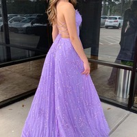 V Neck Lilac Tulle A-Line Long Prom Dress with Sequin ,PD230836 - Thumbnail 1